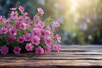 A bunch of pink flowers placed on a wooden table, creating a vibrant and colorful display.