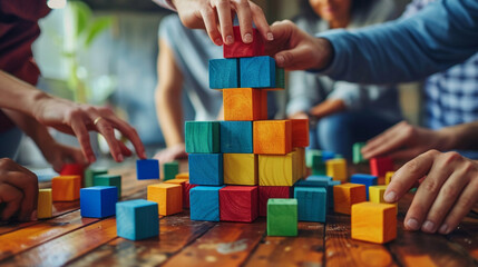 Team synergy unfolds in a visual symphony as diverse members construct a towering masterpiece, each block representing a unique skill. Witness collective achievement in the rising tower.