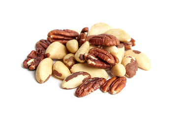 Brazil nuts and peeled pecans mix isolated on white background. Tasty and raw nut medley