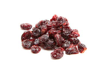 Dried cranberries isolated on white background. Pile of wholesome dried cranberries, an ideal ingredient for vegetarian and natural diet
