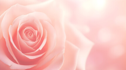Romantic background with delicate rose closeup,,
 Horizontal banner with rose of pink color on blurred background. Copy space for text. Mock up Pro Photo