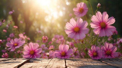 A bunch of pink flowers beautifully arranged on top of a wooden table.