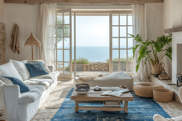 A boho eclectic nautical themed living room interior of a Mediterranean beach house. Background image. Created with Generative AI technology