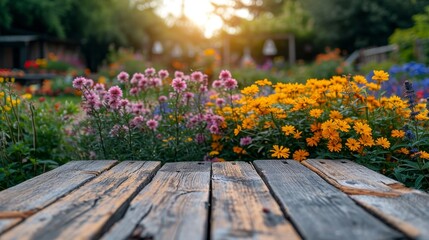 A wooden table is surrounded by a vibrant array of colorful flowers in a beautiful outdoor setting.