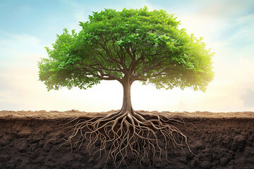 A majestic tree stands tall, its roots intertwined, embodying teamwork's solid foundation. Branches and leaves showcase team projects, unity, and growth.