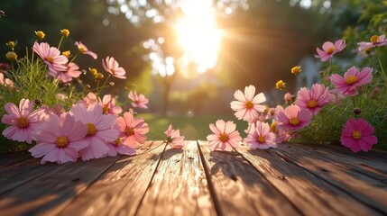 A wooden table covered in a profusion of pink flowers creates a vibrant and colorful scene. - Powered by Adobe