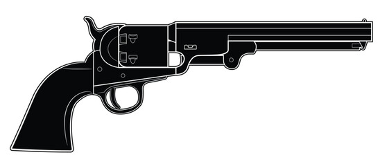 Illustration of the black powder revolver Colt Navy 1851. Black. Right side.