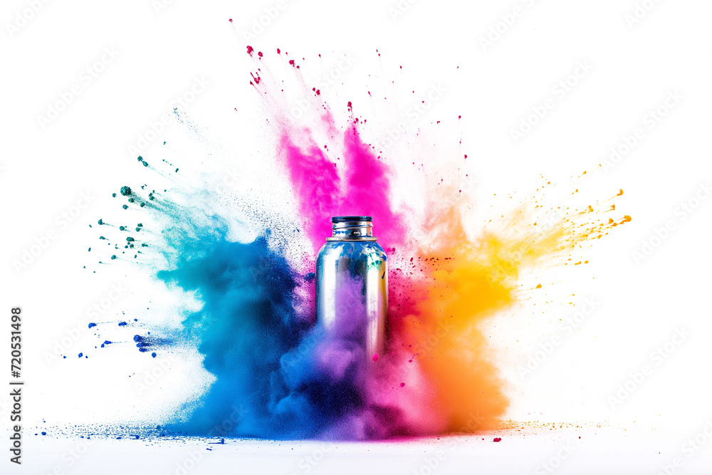 Poster spraying the colorful aerosol from the spray. container for multi-colored paint. a chaotic explosion