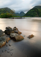 Tautira Mountains in Tahiti by the sea, French Polynesia
