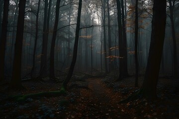 Beautifully dark forest path during fall