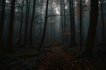 Obraz premium Beautifully dark forest path during fall