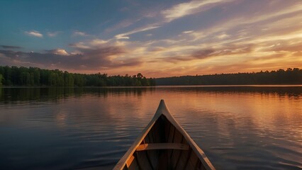 Relaxing canoe view in a beautiful lake with a view of the coast at sunset