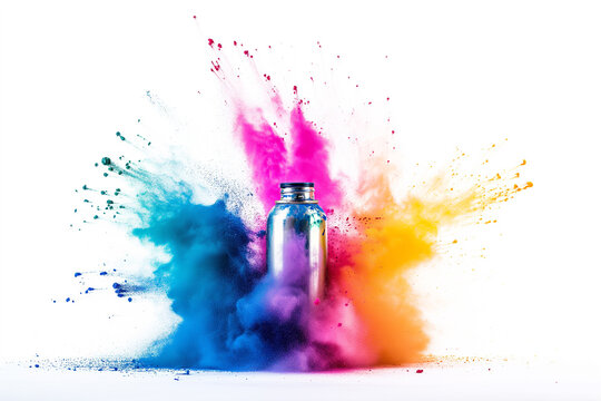 Spraying the colorful aerosol from the spray. container for multi-colored paint. A chaotic explosion of colored powders from aerosol can in a surreal environment. Creative composition. splashes 