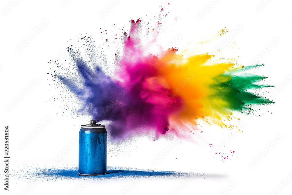 Poster spraying the colorful aerosol from the spray. container for multi-colored paint. a chaotic explosion