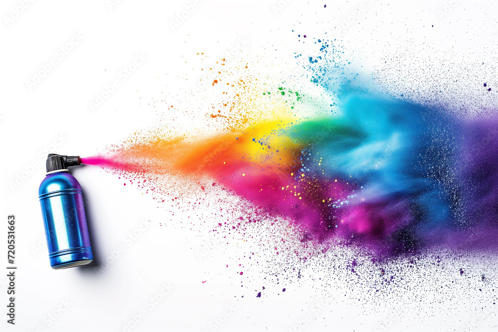 Poster Spraying the colorful aerosol from the spray. container for multi-colored paint. A chaotic explosion of colored powders from aerosol can in a surreal environment. Creative composition. splashes 