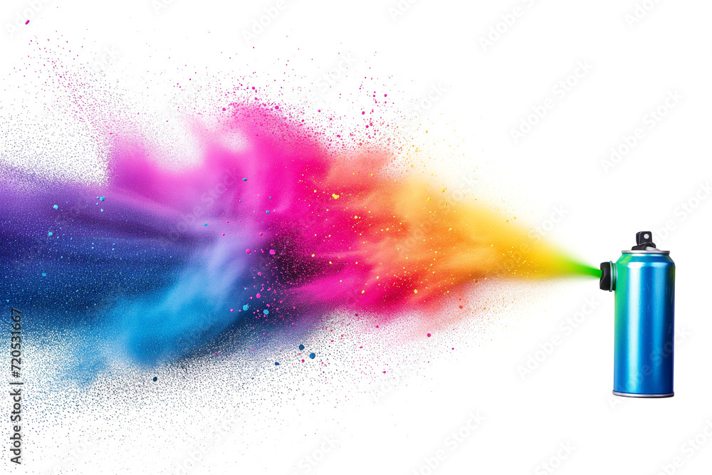 Poster Spraying the colorful aerosol from the spray. container for multi-colored paint. A chaotic explosion of colored powders from aerosol can in a surreal environment. Creative composition. splashes 