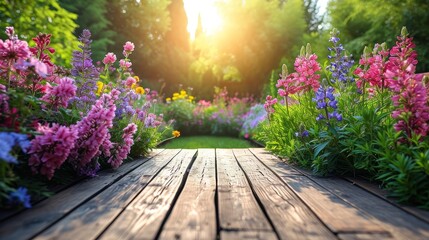 A wooden deck is surrounded by a vibrant array of flowers
