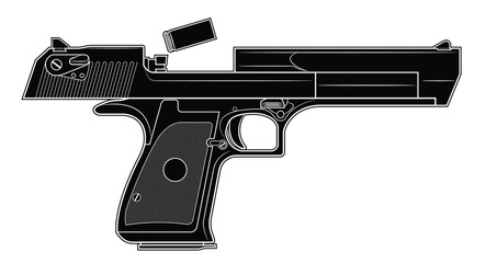 Vector illustration of the Desert Eagle automatic pistol  with the breech in the rear position and the cartridge case falling out on a white background. Black. Right side.