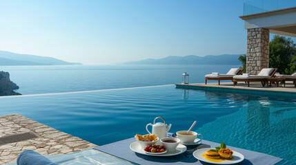 Fototapeta na wymiar Floating breakfast in infinity pool with sea view