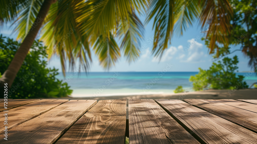 Wall mural top wooden table with sea view