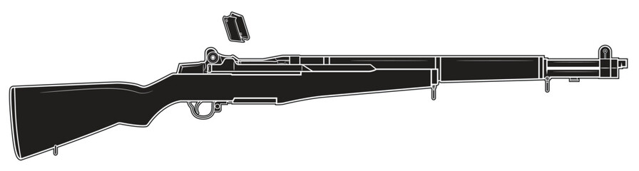 Vector illustration of the M1 Garand rifle and ejecting empty clips on the white background. Black. Right side.