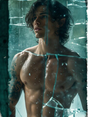 handsome male elf reflected in a broken mirror - cracked glass - generative ai