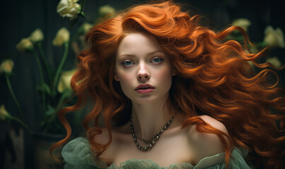 Fototapeta premium Enchanting woman with vibrant curly red hair adorned with green roses, wearing a vintage ruffled dress and a mysterious gaze