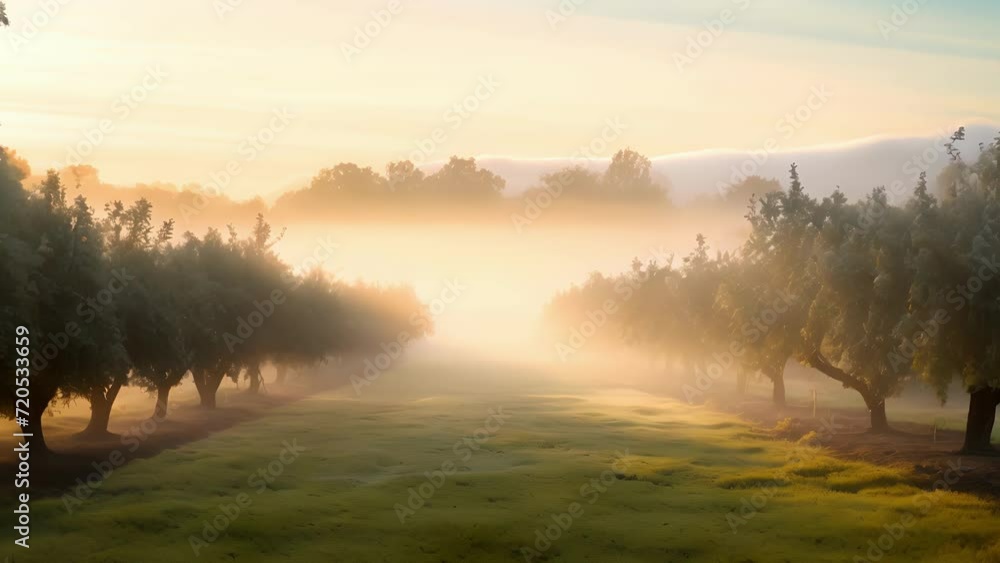 Aufkleber a thick layer of fog blankets the orchard, creating a hazy and otherworldly landscape.