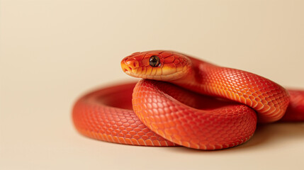 Red snake on the beige background. Minimalistic scene with wild animal. Useful for banner designs.