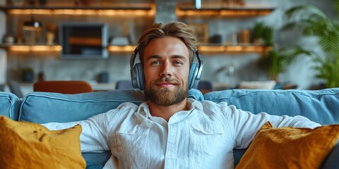 A cheerful and carefree man, sitting indoors, enjoying relaxation with headphones and music in a cozy environment.