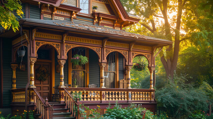 A charming Victorian-era house with intricate wooden trims and a cozy inviting porch.