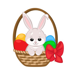 Cute Easter bunny sitting in a basket with Easter eggs, vector clipart isolated on white background, decorative element for greeting card, banner, Easter decoration.