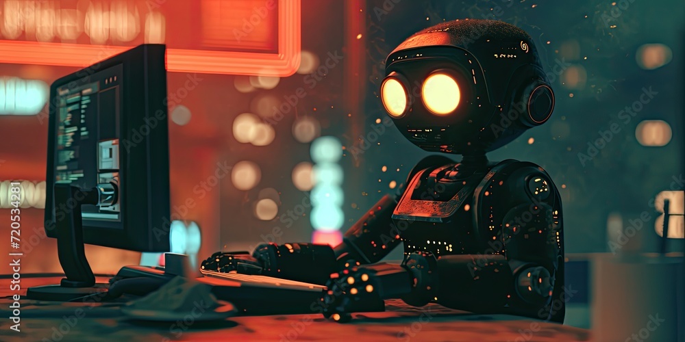 Poster in an office setting, a robot diligently operates a computer keyboard alongside human workers.