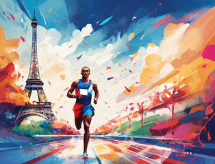 Un coureur athlétique sur une rue de Paris avec la tour Eiffel - obrazy, fototapety, plakaty