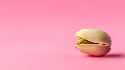 Pistachio nut on pink background. Close up. Single pistachio macro picture. Banner with free space left. Healthy vegan food backdrop. 