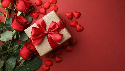 Beautiful carft gift box and roses on red background, flat lay with space for text. Valentine's day	
