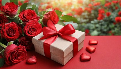 Beautiful carft gift box and roses on red background, flat lay with space for text. Valentine's day