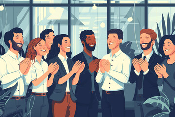 Illustration image capturing the moment of employee recognition with colleagues applauding and celebrating, Focus on the joy and appreciation in their expressions, Business team clapping together - obrazy, fototapety, plakaty