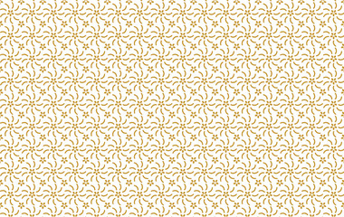 Golden vector floral seamless pattern. Abstract luxury geometric ornamental texture with small flower silhouettes. Gold and white simple ornament in oriental style.