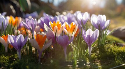 Purple crocus flowers. Violet flowers in the sunny field. Close up. Beautiful Garden flowers. Start of spring. 