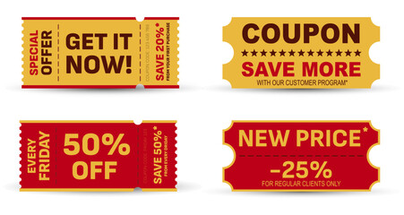 Coupon code tickets for promotional marketing. Gift tear-off voucher discount card design templates with reduced price. Special price offers sale coupon voucher.