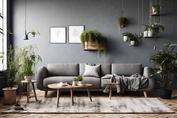 Living room with cozy grey sofa in a loft style interior with potted plants, Cozy bright room, carpet