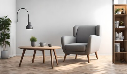 an AI image depicting the interior of a living space with a grey fabric armchair, a wooden table on a wooden floor, and a white wall