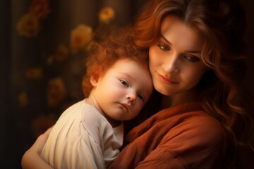 A young mother holds a small child in her arms. motherhood, childhood, family. - obrazy, fototapety, plakaty