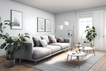 Naklejka na ściany i meble an AI prompt for an AI to e a 3D render of a home interior featuring a gray sofa, white wall mock-up, and adhering to Scandinavian style aesthetics