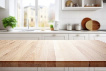 an empty table, a light background, a tabletop for the display of your product. blurred kitchen background.