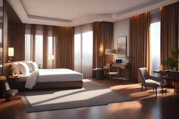 Naklejka na ściany i meble Hotel Room Interior 3D Illustration Photorealistic Rendering