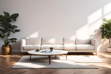 an AI prompt for ing an image of a contemporary living room featuring a white sofa against a blank wall background. Utilize 3D rendering and illustration techniques for a realistic depiction
