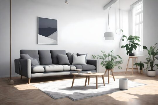 an AI prompt for an AI to e a 3D render of a home interior featuring a gray sofa, white wall mock-up, and adhering to Scandinavian style aesthetics