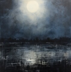 Dark and moody painting of the full moon over a body of water. From the series “Lightbox."